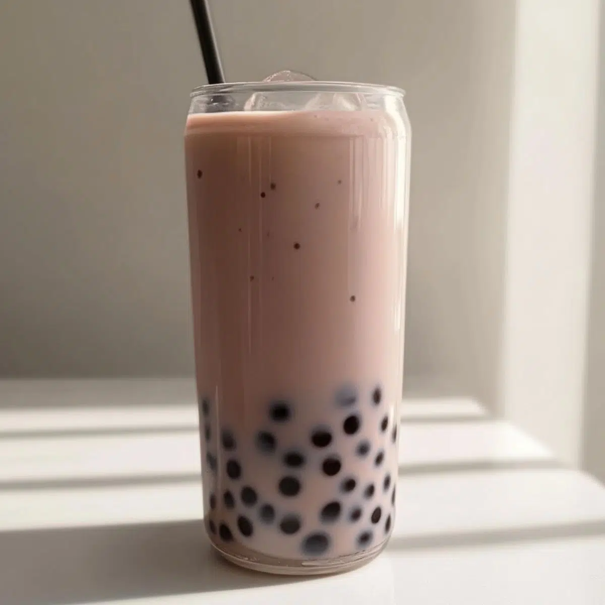 Glass of homemade taro milk tea boba with tapioca pearls on a white kitchen counter