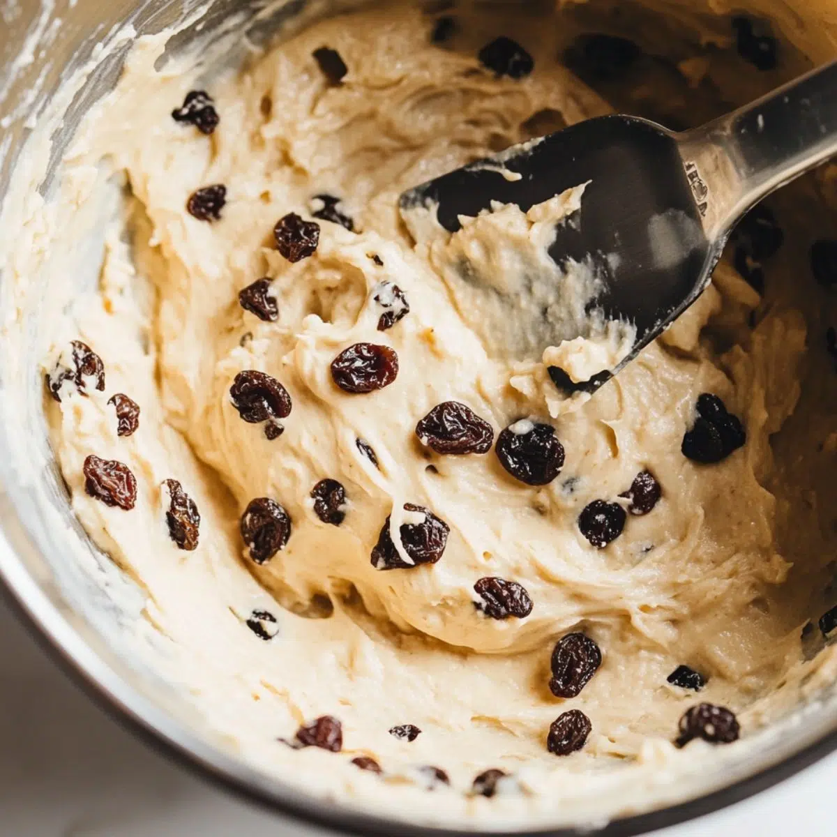 Raisin bran muffin batter mixed in a bowl with raisins visible