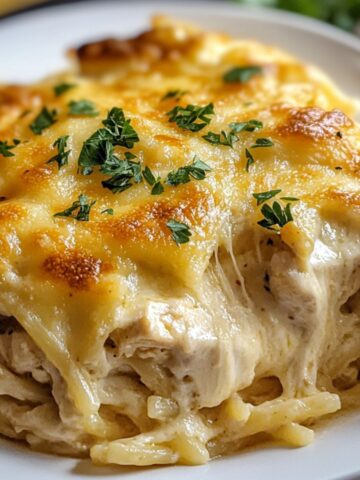 Baked chicken tetrazzini with cream cheese in a white plate on a kitchen counter.