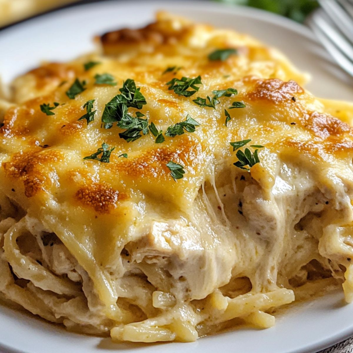 Baked chicken tetrazzini with cream cheese in a white plate on a kitchen counter.