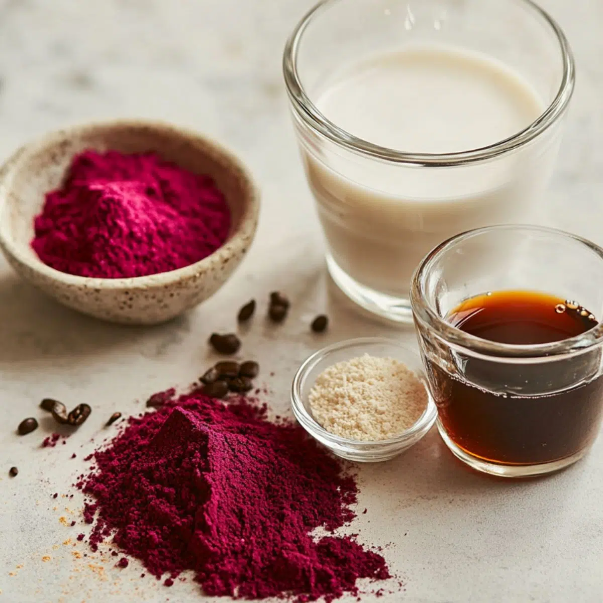 All ingredients for a pink coconut iced latte laid out on a kitchen counter in a relaxed, homemade setup.