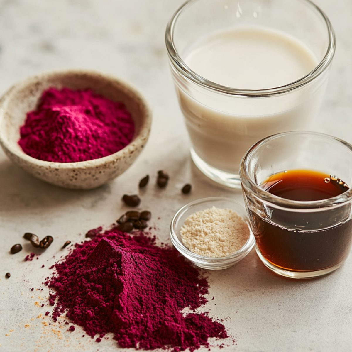 All ingredients for a pink coconut iced latte laid out on a kitchen counter in a relaxed, homemade setup.