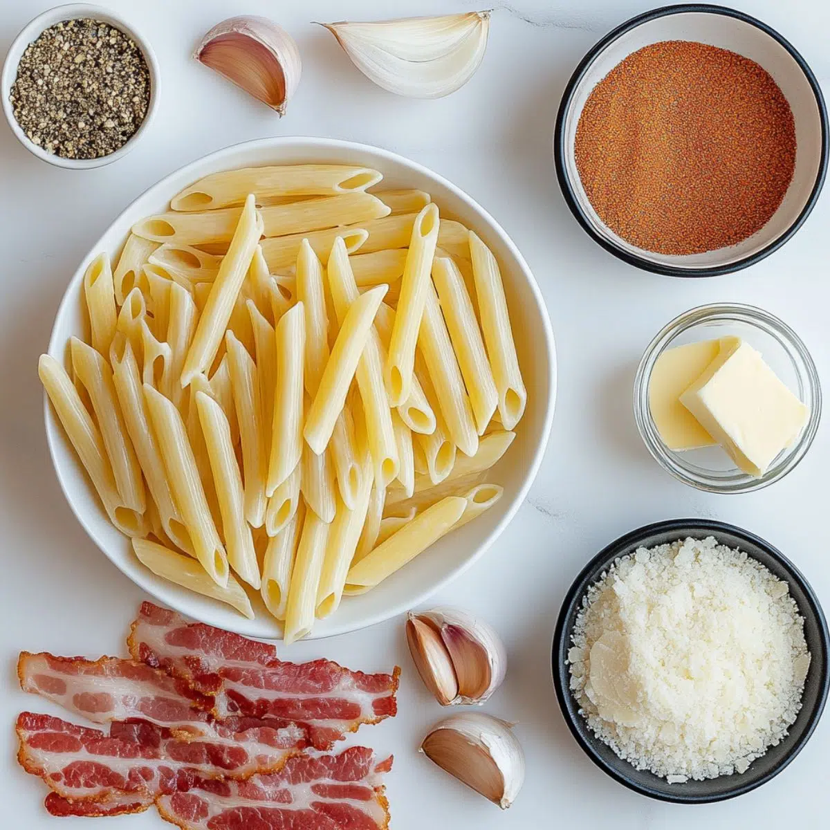 Flat lay of ingredients for creamy bacon pasta including pasta, bacon, garlic, cream, and parmesan on a white countertop