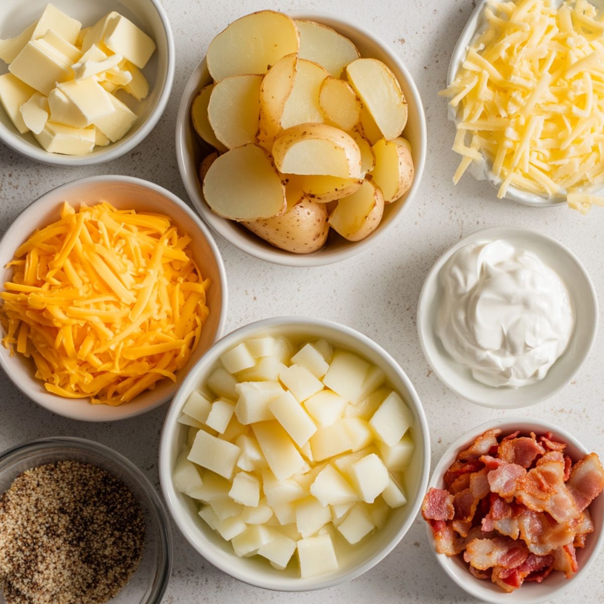 All the ingredients laid out for cheesy bacon potato casserole.