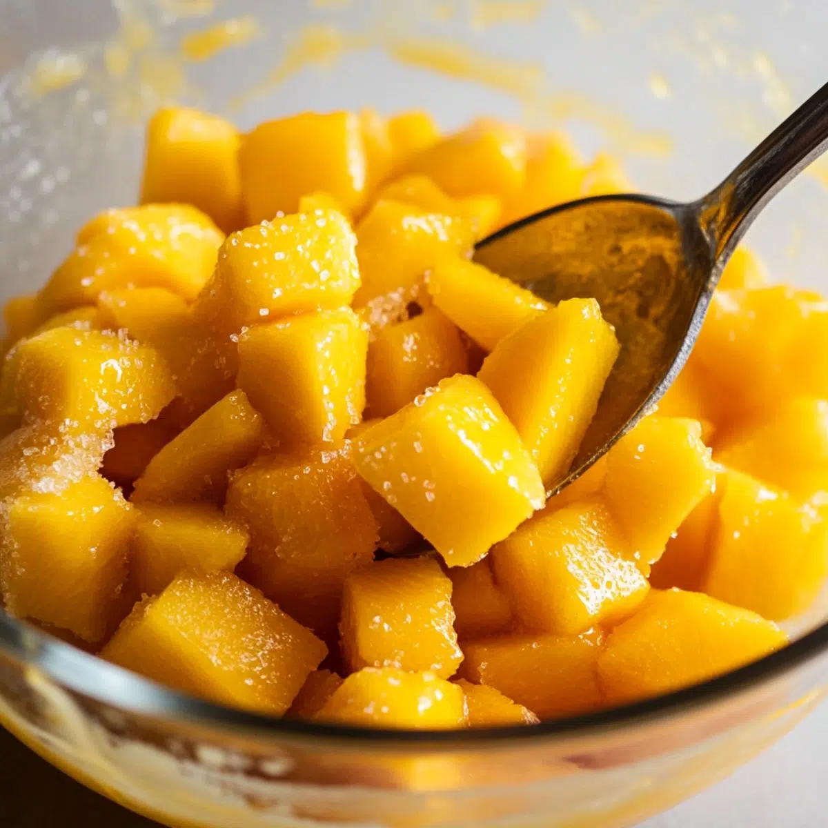 iced mango being mixed with sugar and lemon in a bowl