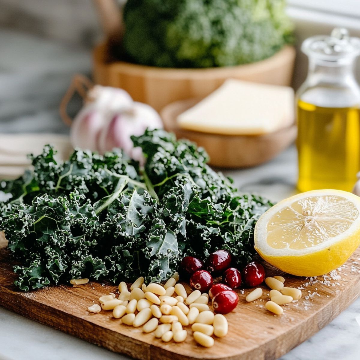 Fresh ingredients for lemon garlic kale salad arranged on a kitchen counter
