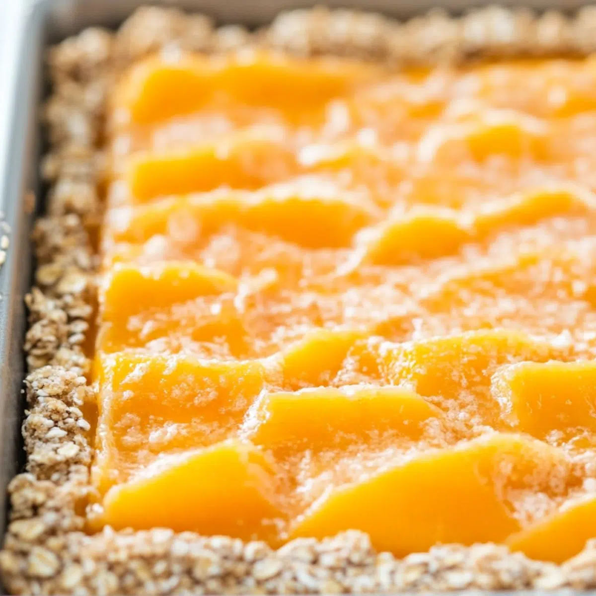 Mango filling being added to oat crust in a baking pan