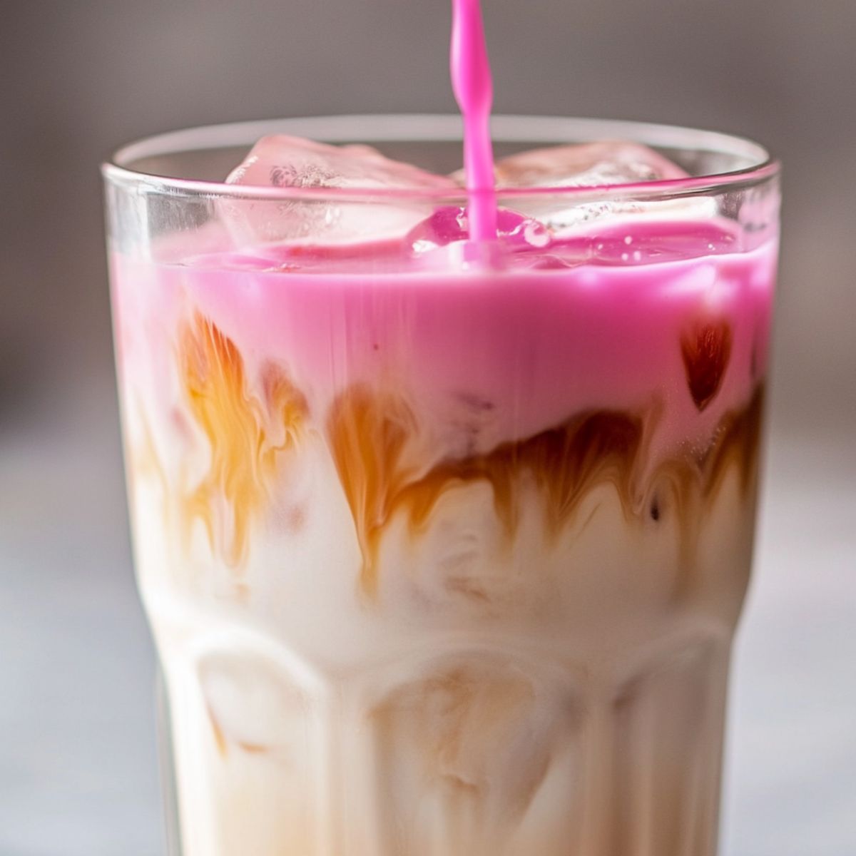 Pouring the pink coconut milk over coffee to create layers.
