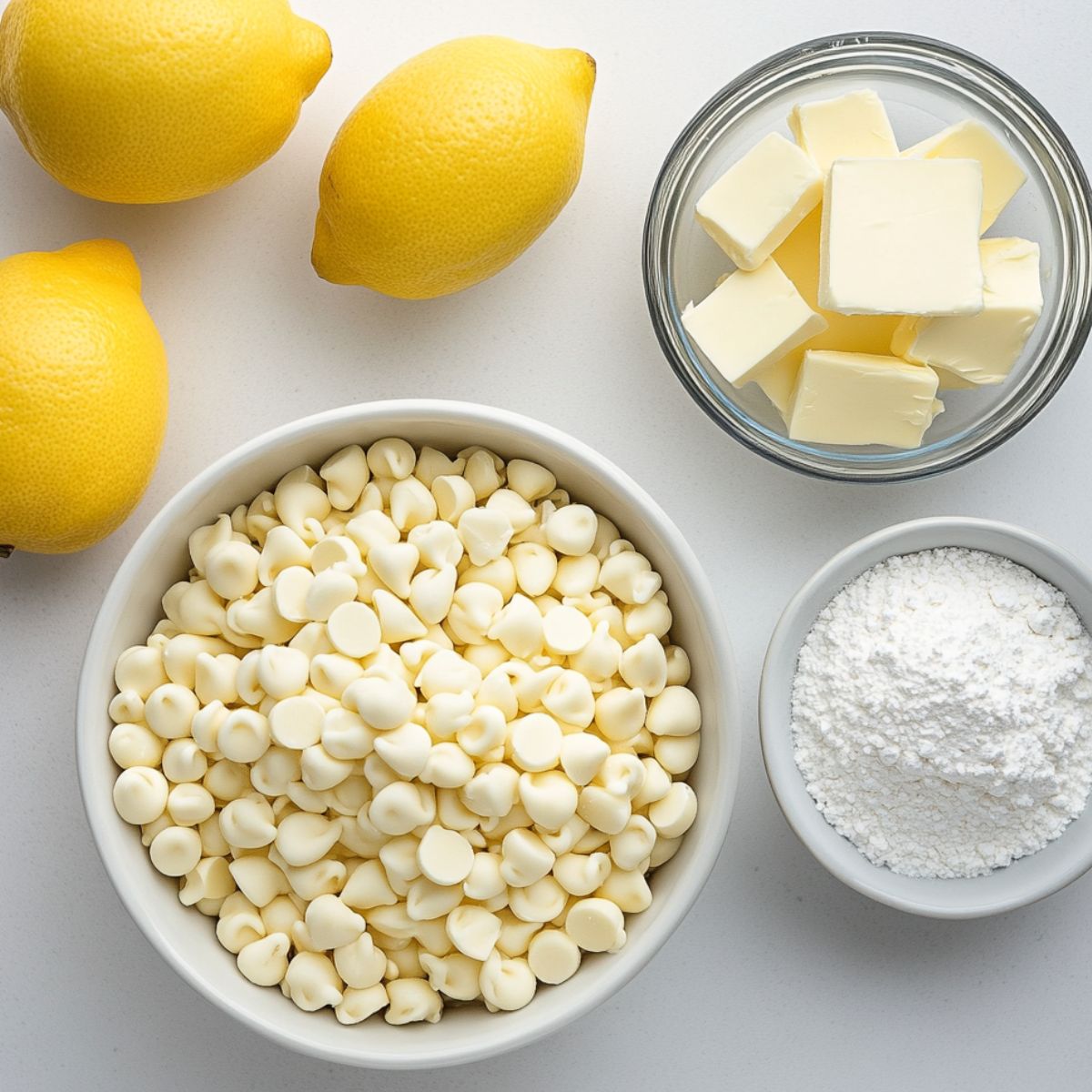 Lemon truffle ingredients laid out casually on a white kitchen counter.