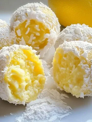 A plate of homemade lemon truffles on a white counter, lightly dusted with powdered sugar and lemon zest.