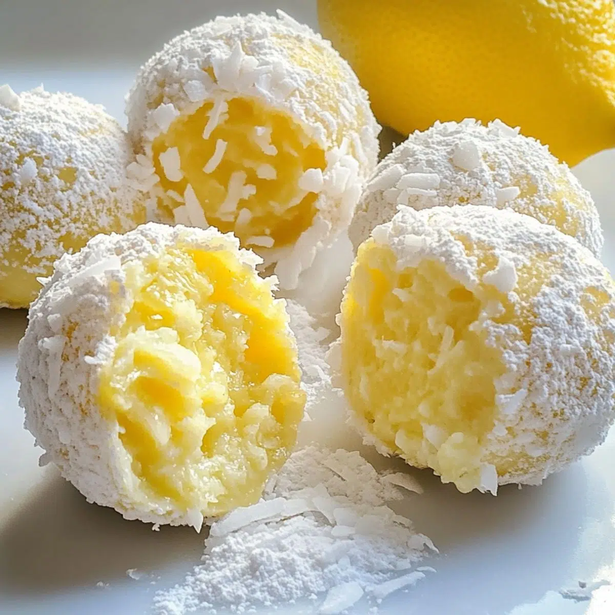 A plate of homemade lemon truffles on a white counter, lightly dusted with powdered sugar and lemon zest.