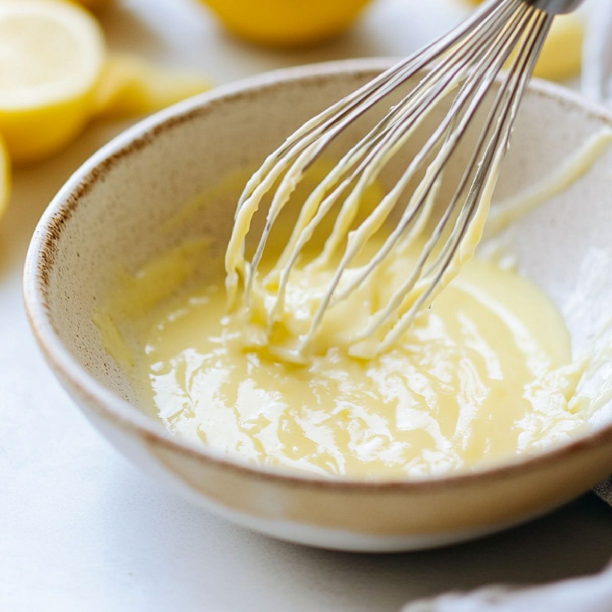 Whisking lemon glaze in a bowl on a white kitchen surface