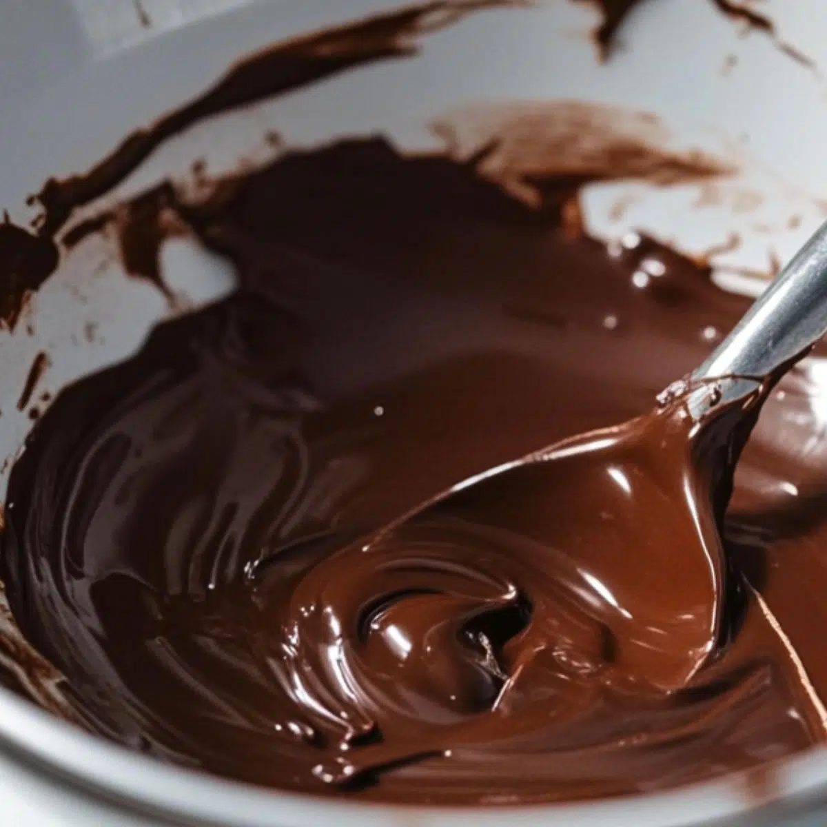 Melted chocolate in a bowl ready for coating tiramisu truffles
