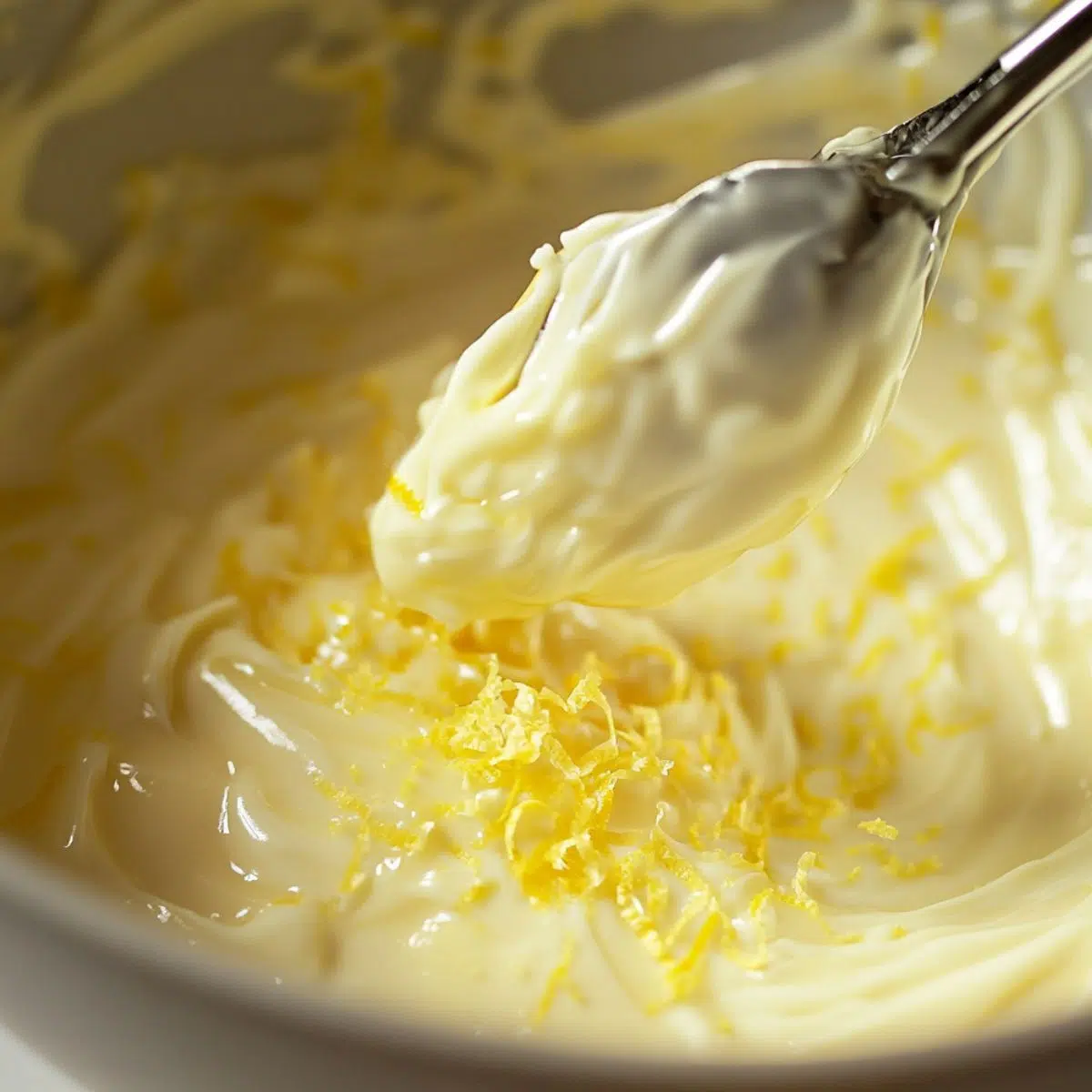 Melted white chocolate and lemon zest being mixed in a bowl.