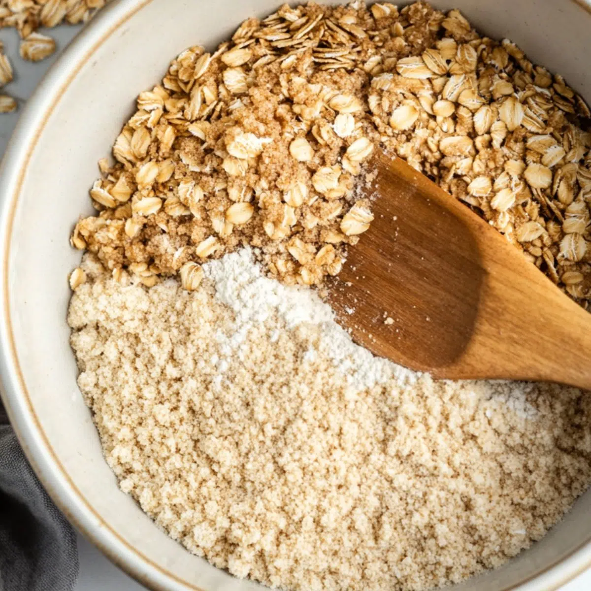 Mixing oat crumble base for mango bars