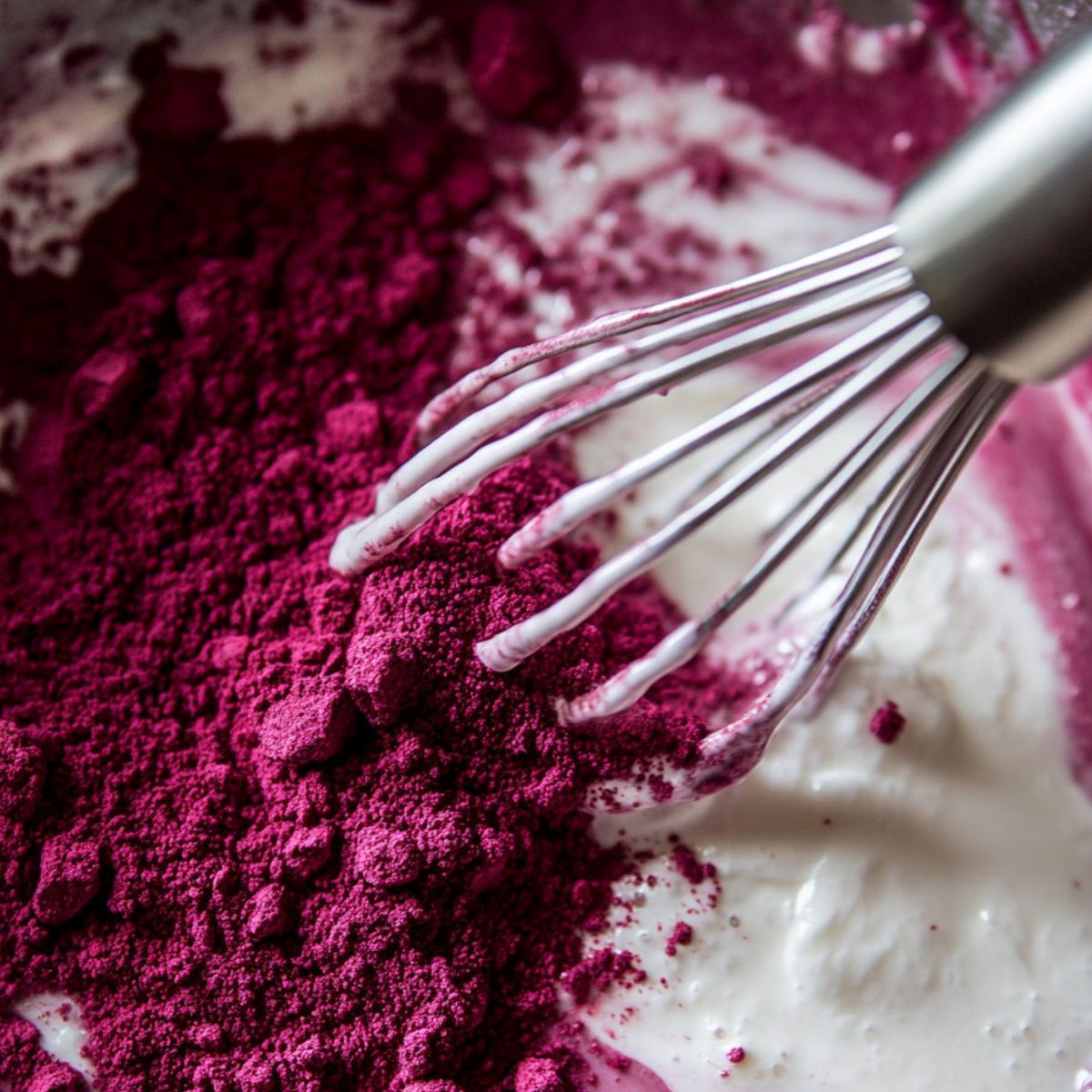 Mixing coconut milk and beetroot powder to create the pink base.