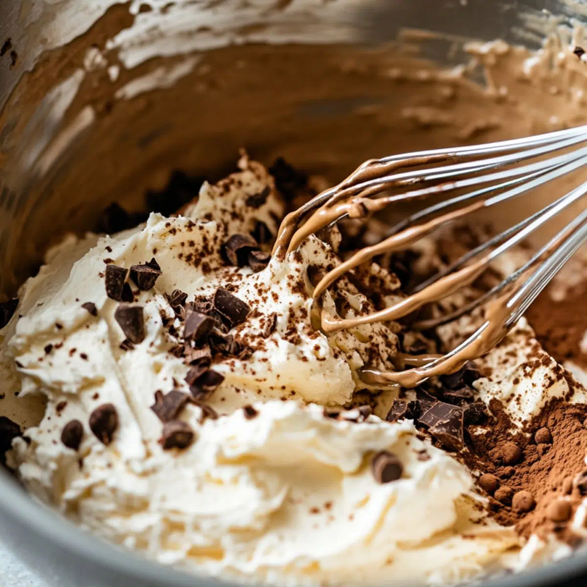 "Mascarpone and coffee mixture being stirred in a bowl for tiramisu truffles