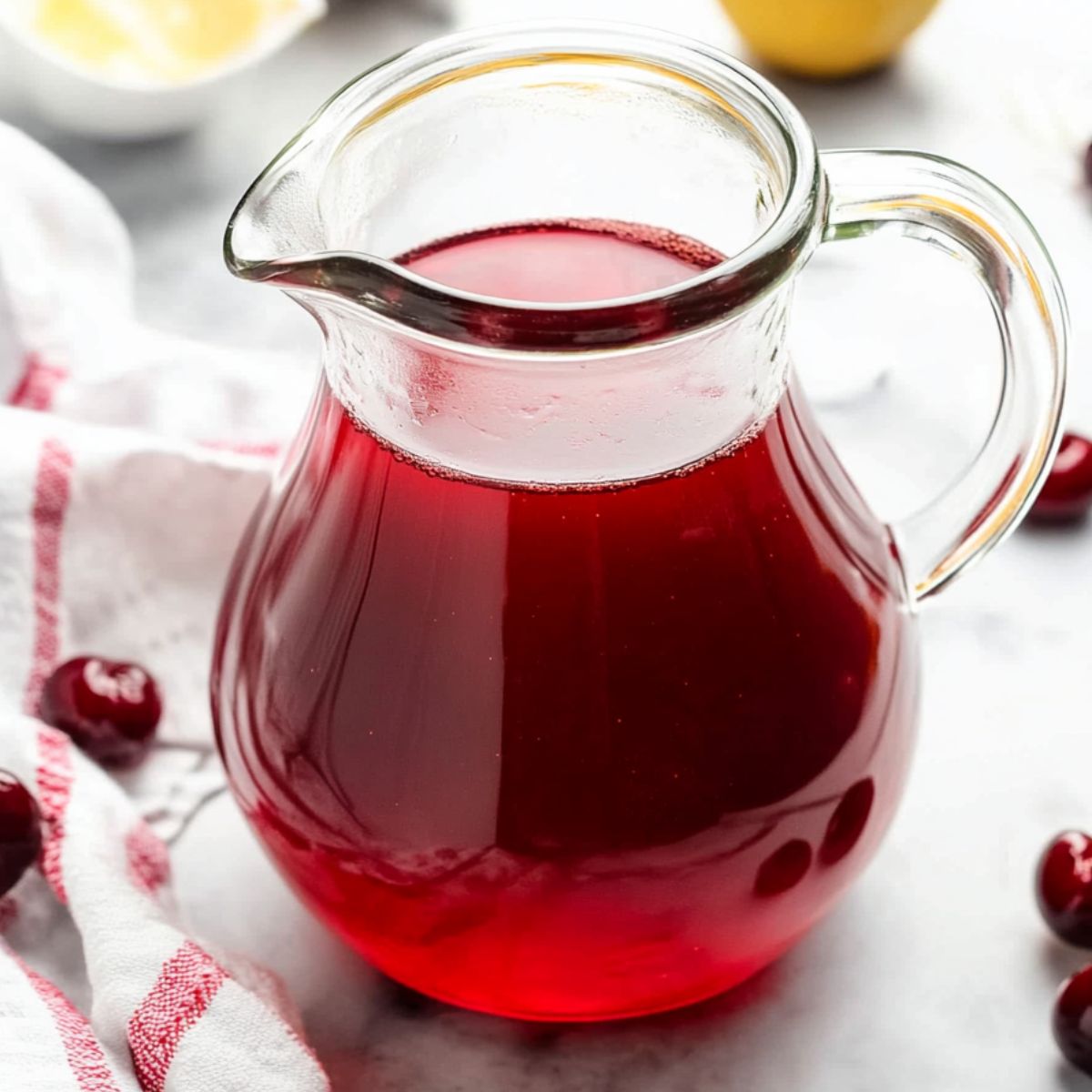Cherry infusion being poured into a glass pitcher with tea