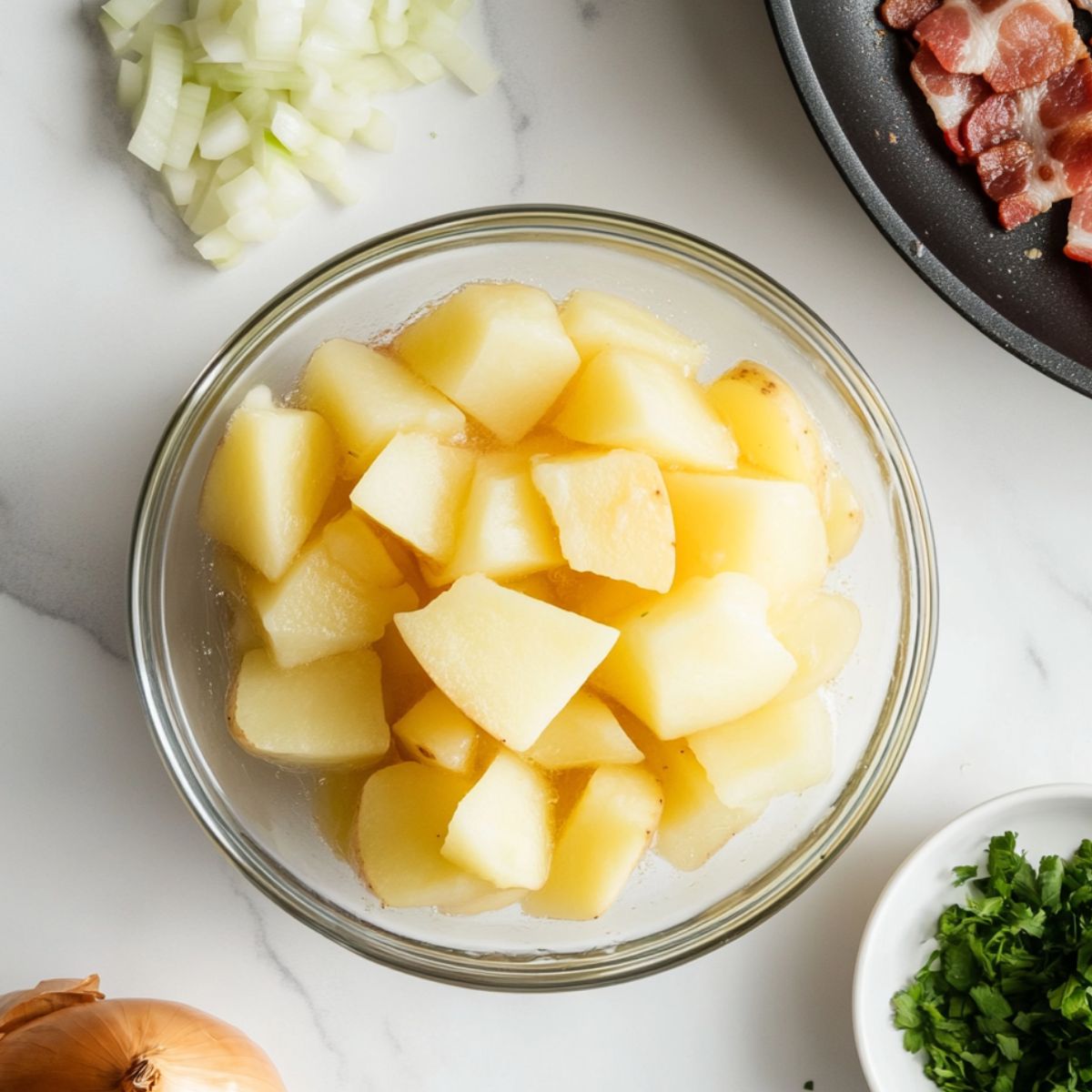Soaking potatoes and cooking bacon during prep stage.