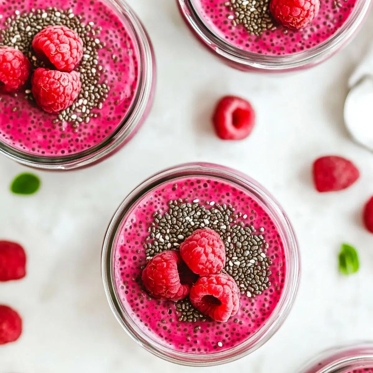 Raspberry chia pudding in jars ready to be refrigerated overnight