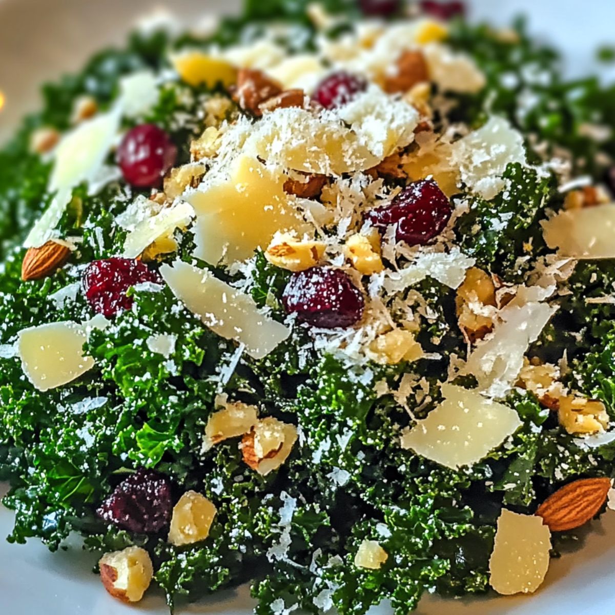  Overhead shot of lemon garlic kale salad in a white bowl on a kitchen counter