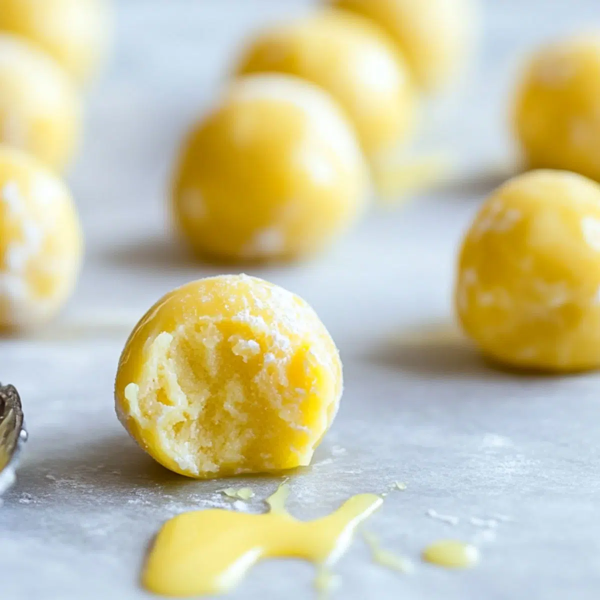 Rolling lemon truffles next to a baking sheet.