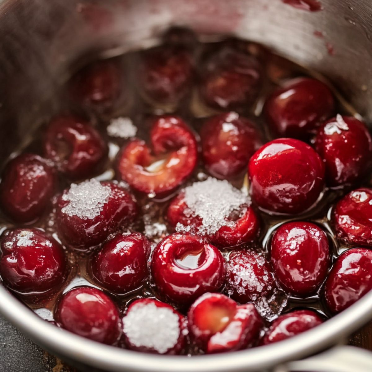 Halved cherries simmering with sweetener in a saucepan