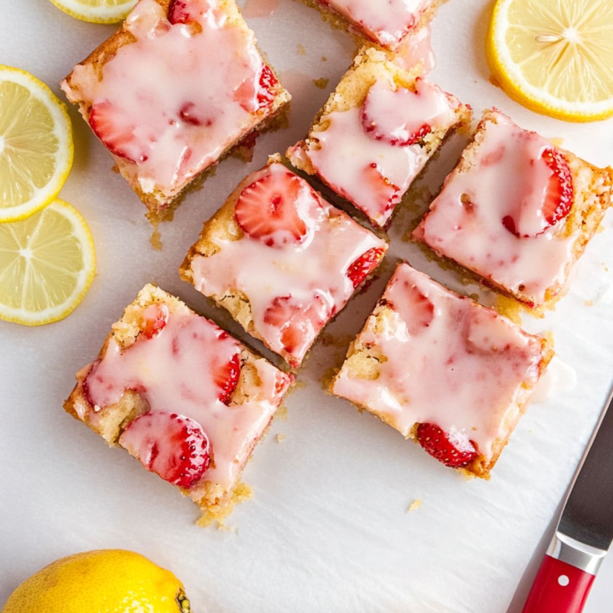 Sliced strawberry lemon blondies with glaze ready to serve on parchment paper