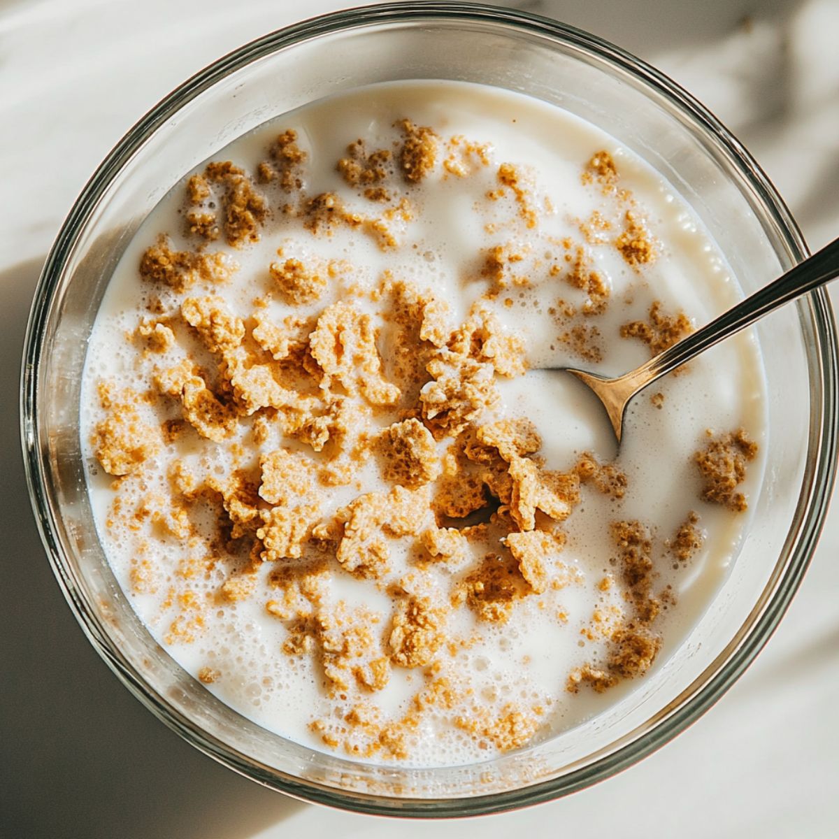 Raisin Bran cereal soaking in milk before mixing