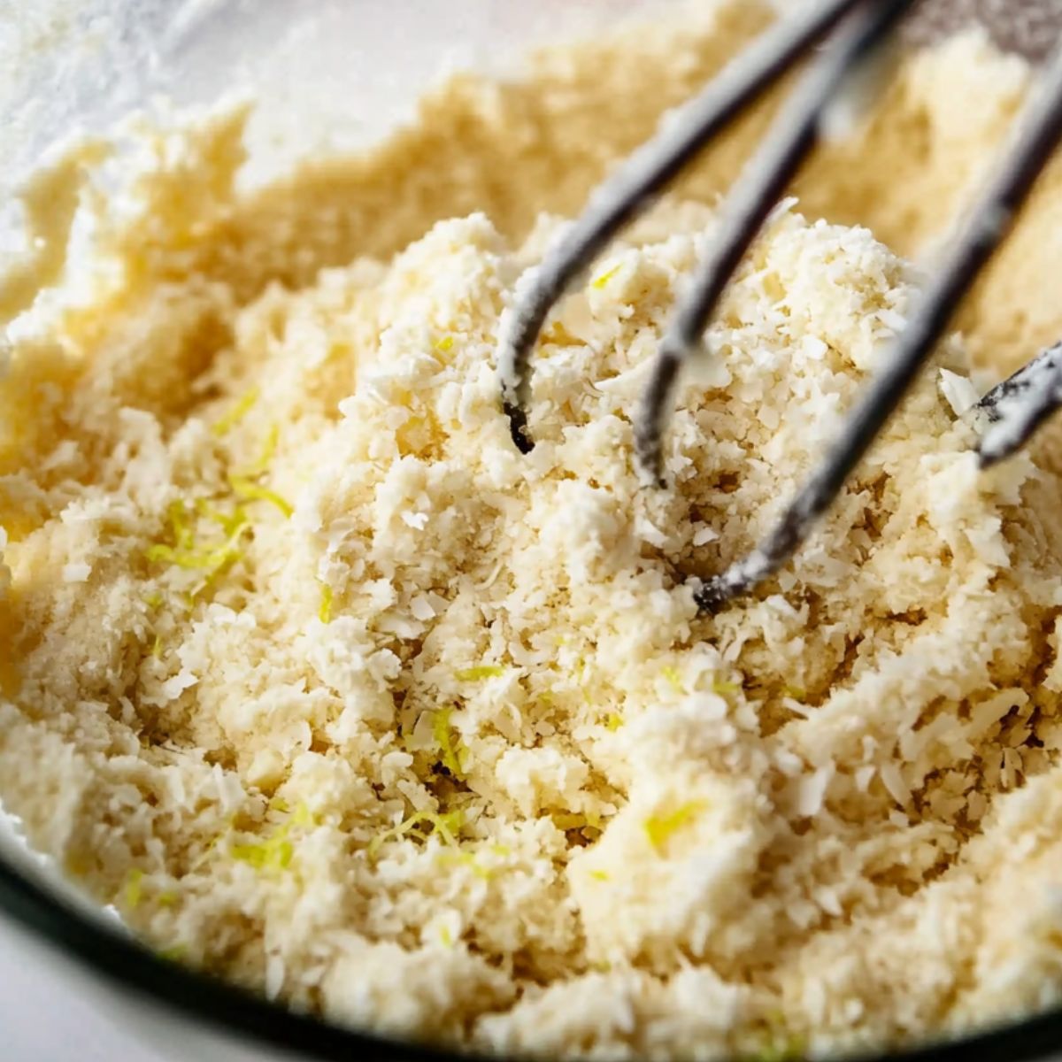 Coconut lime cookie dough being mixed in a bowl