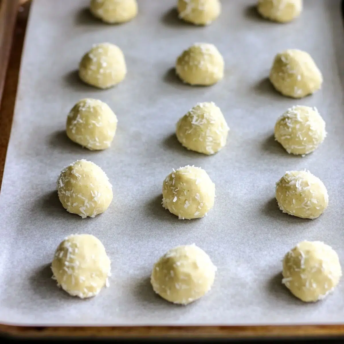 Coconut lime cookie dough balls ready to bake