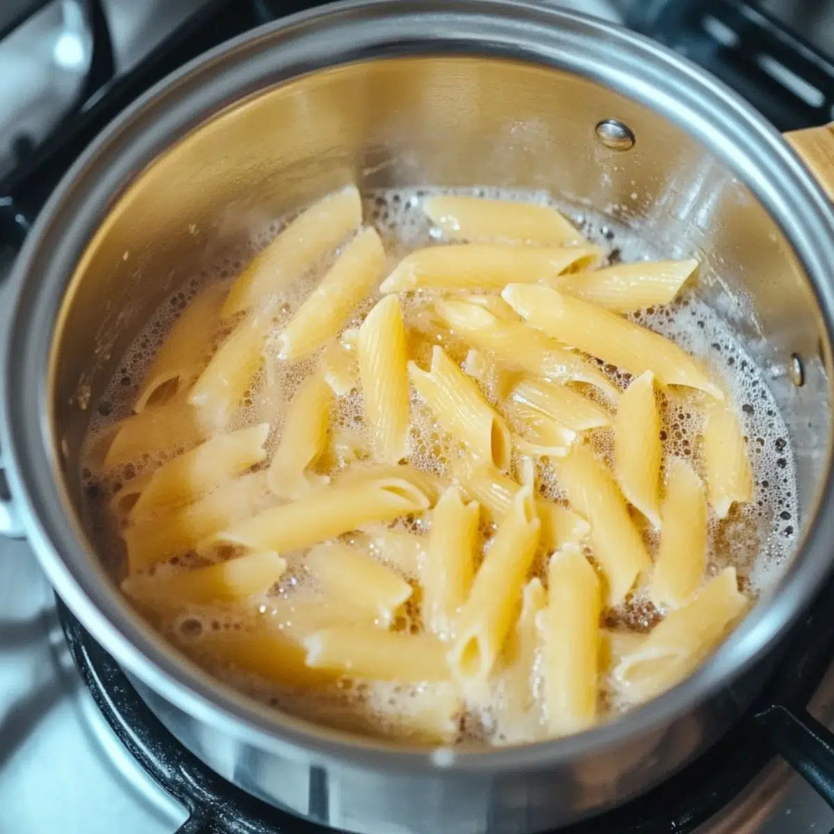 Pasta boiling in a large pot on the stove in a home kitchen