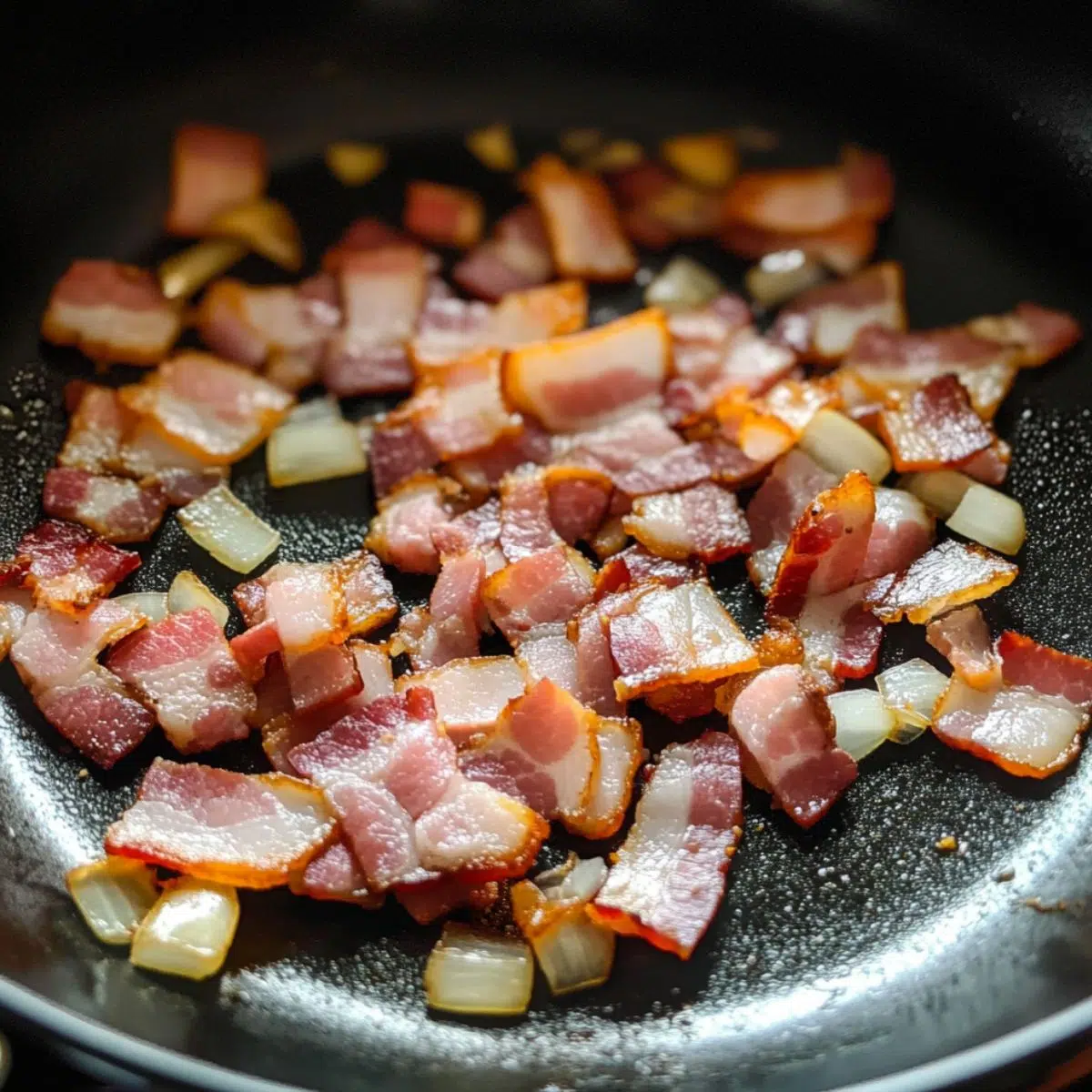 Crispy bacon, garlic, and onion sautéing in a pan on a white kitchen stove