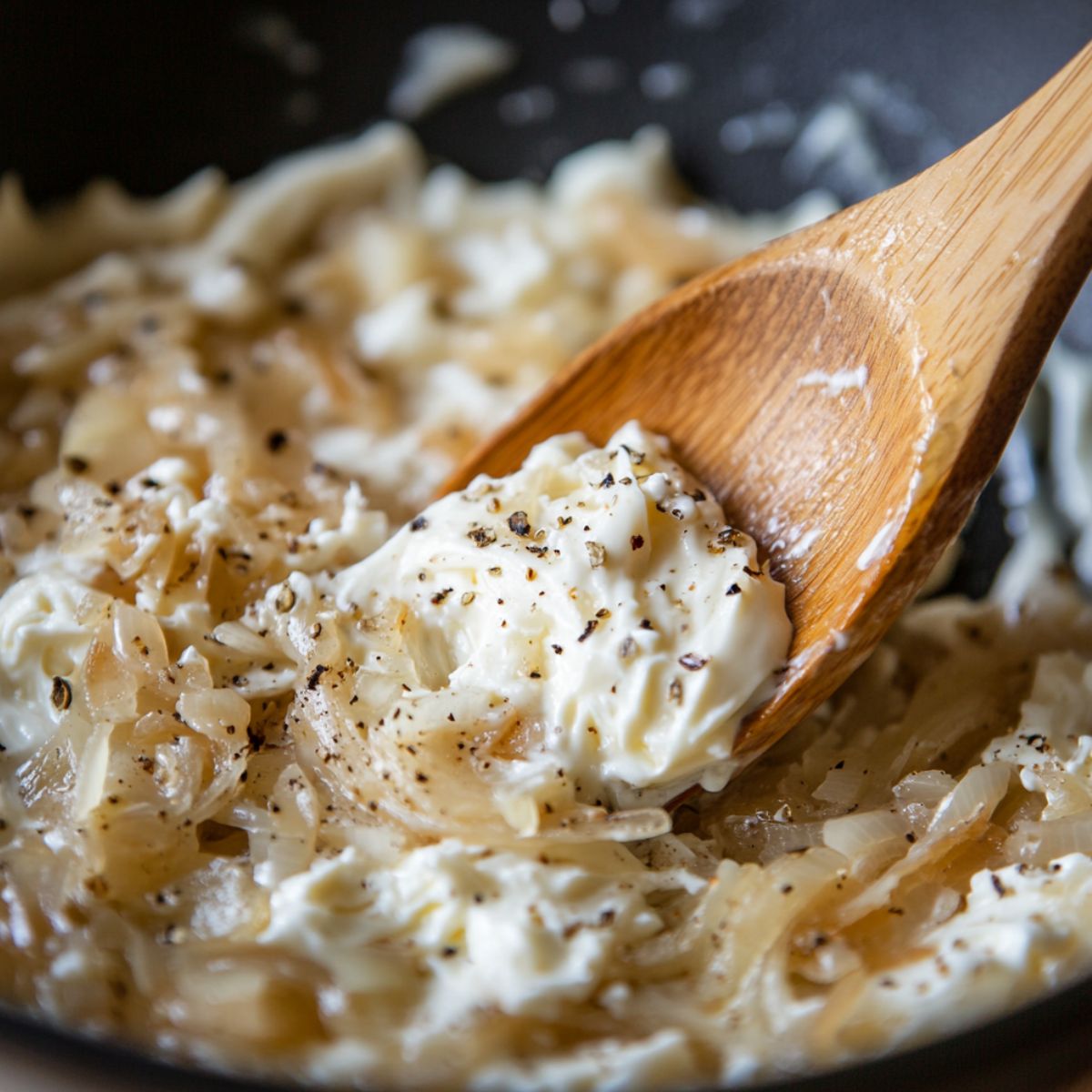 Cream cheese melting into onions and garlic to make the tetrazzini sauce.