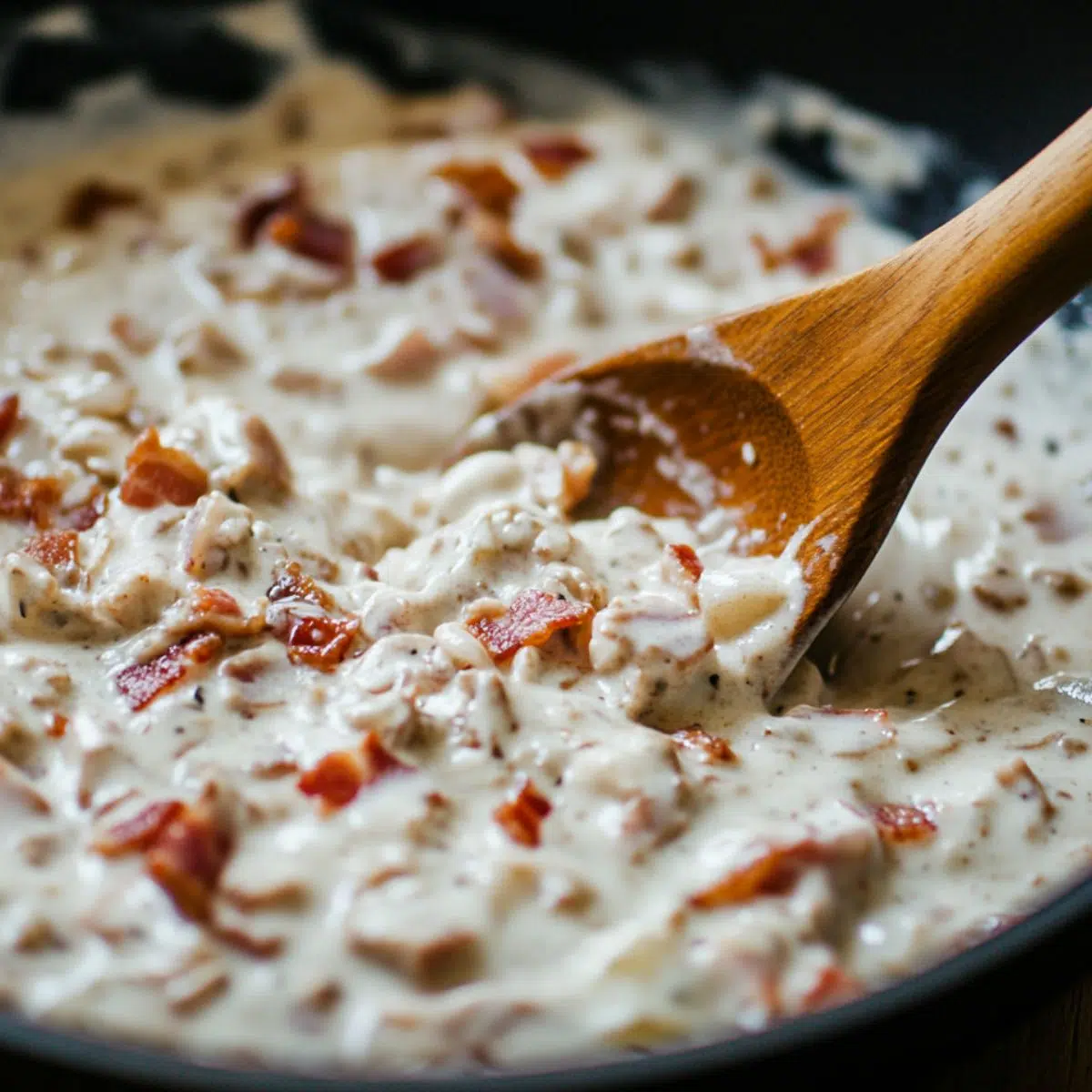 Cream being added to a pan of bacon and garlic for pasta sauce
