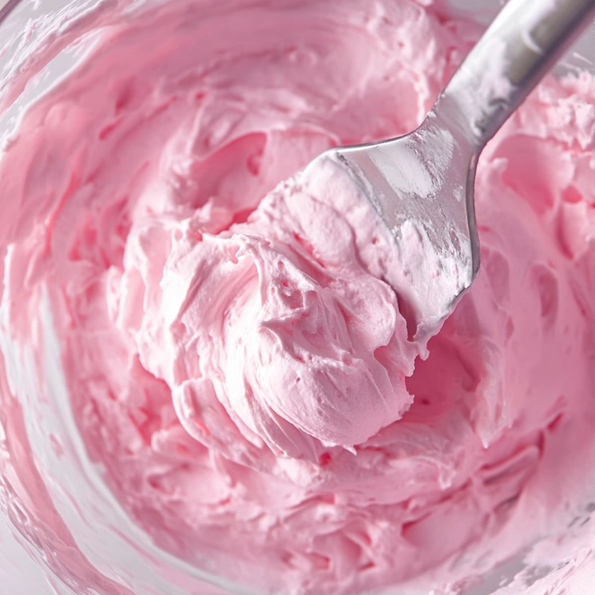 Folding pink gelatin into whipped cream with a spatula
