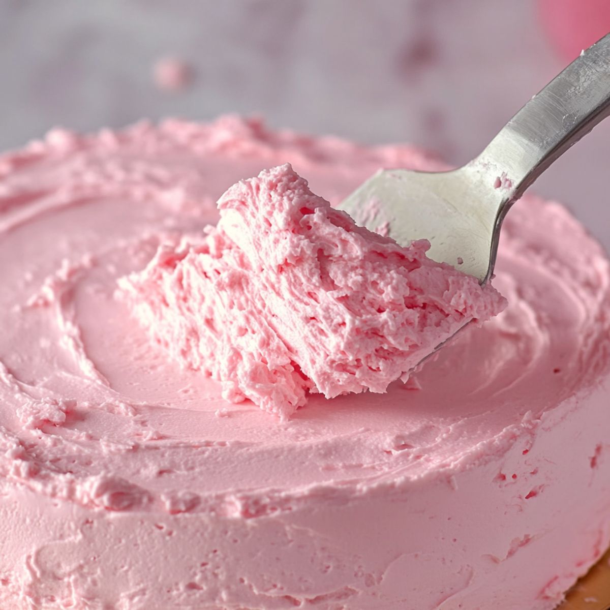 Layering and frosting strawberry cloud cake with pink filling