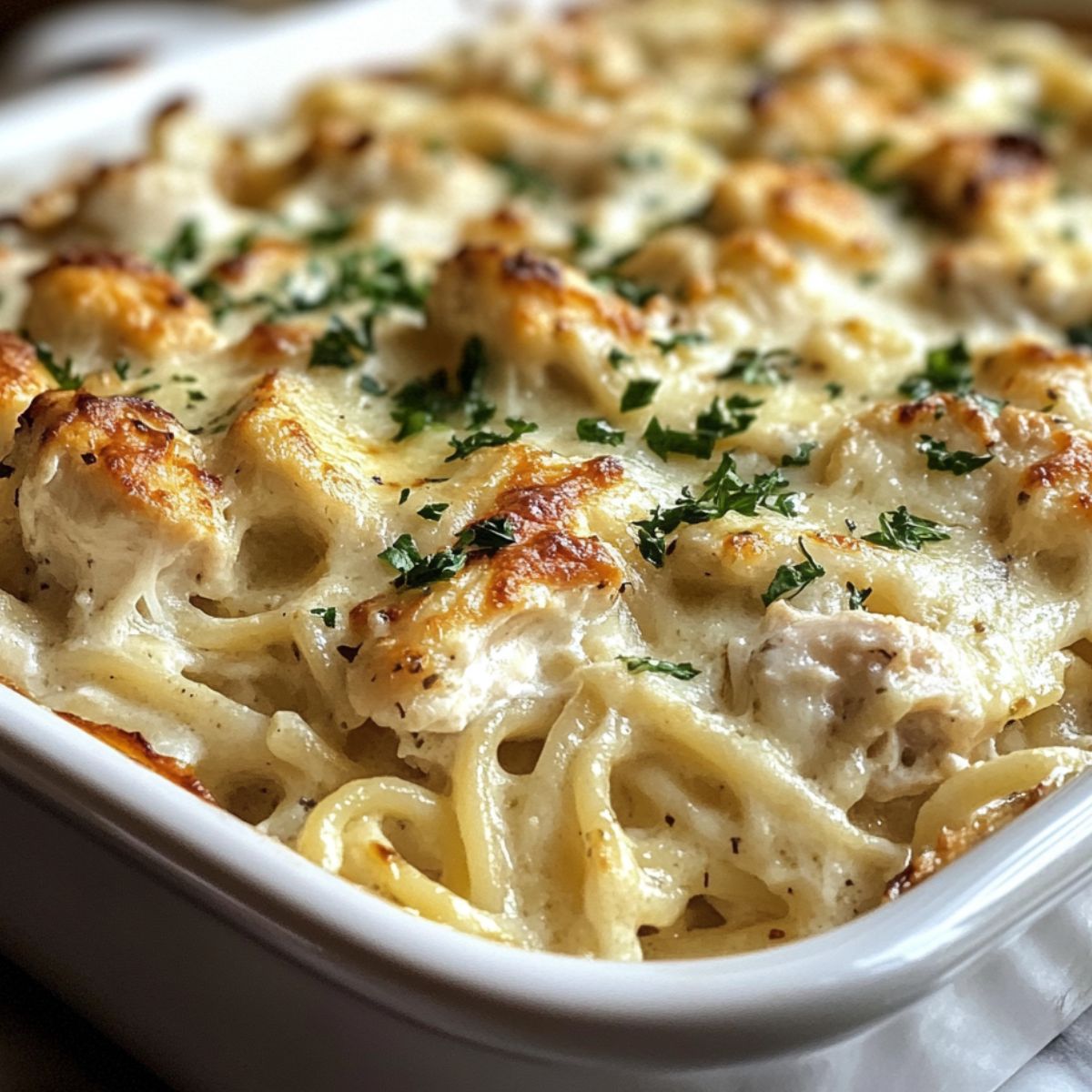 Freshly baked chicken tetrazzini with cream cheese with golden top right out of the oven.
