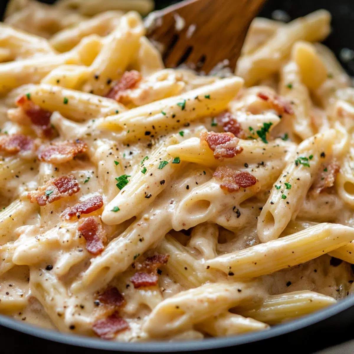 Creamy bacon pasta being tossed in sauce with tongs in a skillet