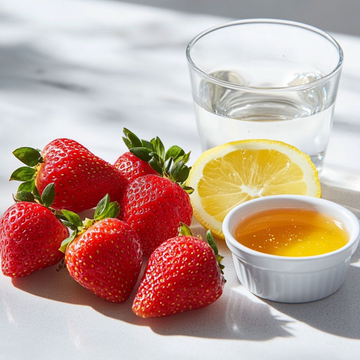 Basic ingredients for healthy strawberry sorbet laid out on a kitchen counter

