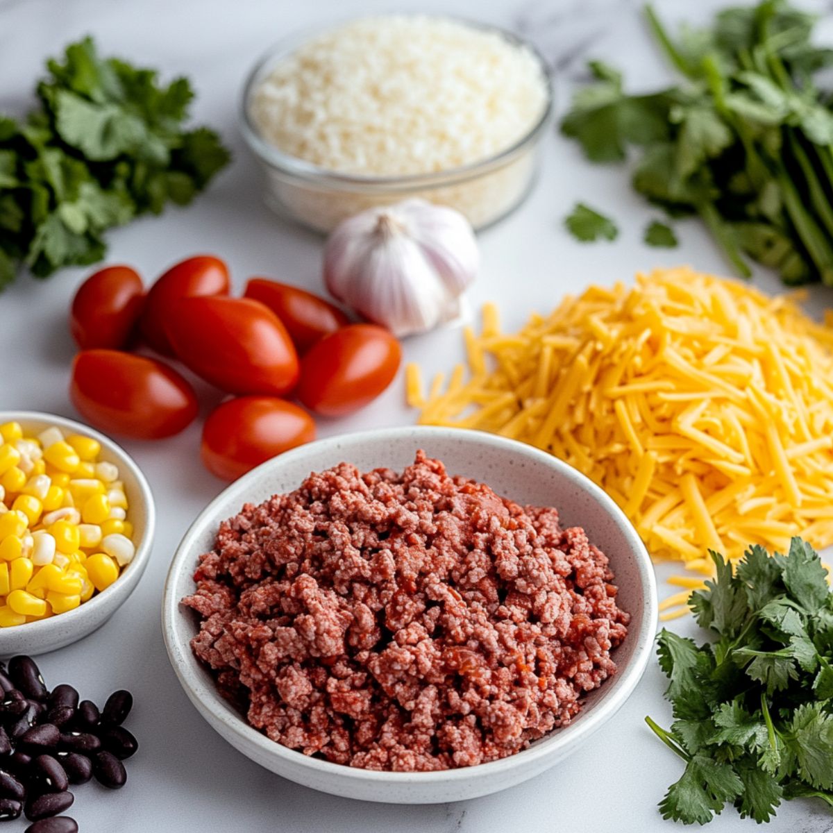 Ingredients for cheesy taco rice arranged on a kitchen counter