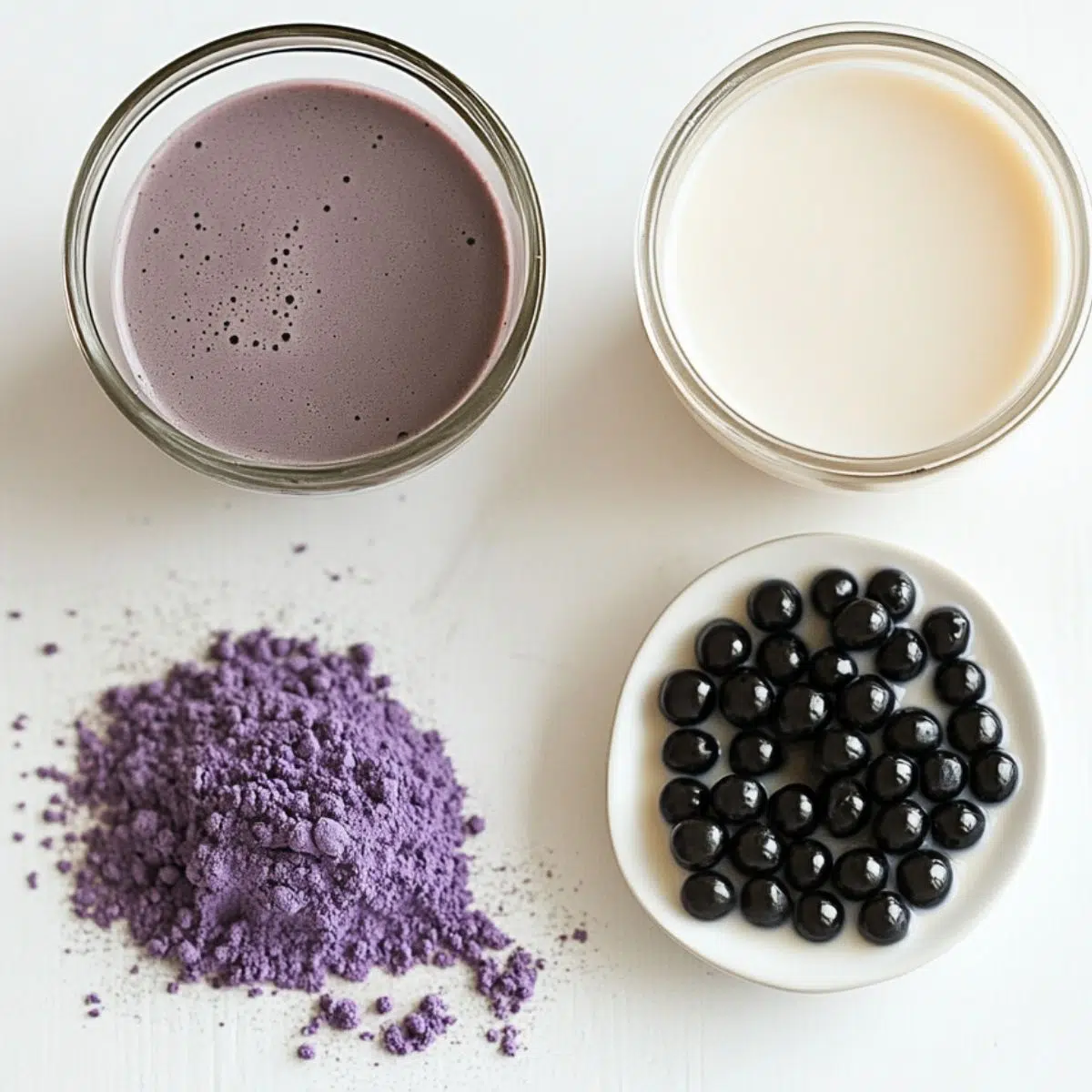 Ingredients for taro milk tea boba laid out on a white kitchen counter