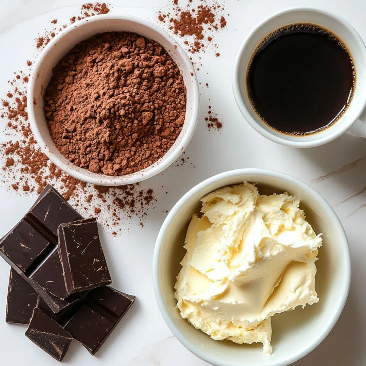 Flat lay of ingredients for tiramisu truffles arranged casually on a white counter