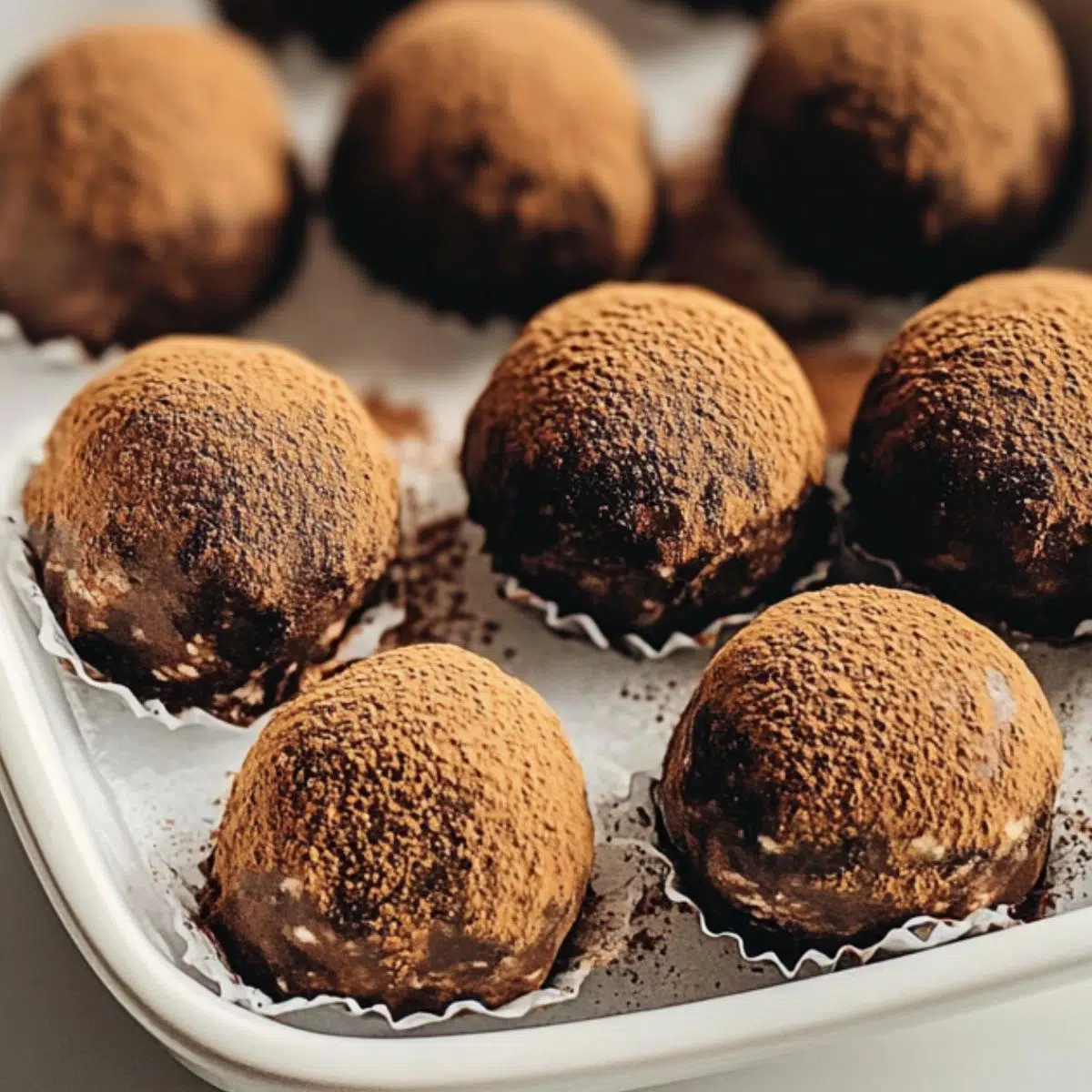 Overhead shot of homemade tiramisu truffles with cocoa  topping on a white counter.
