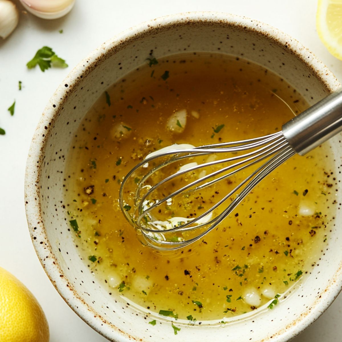 Whisking lemon garlic dressing in a small bowl
