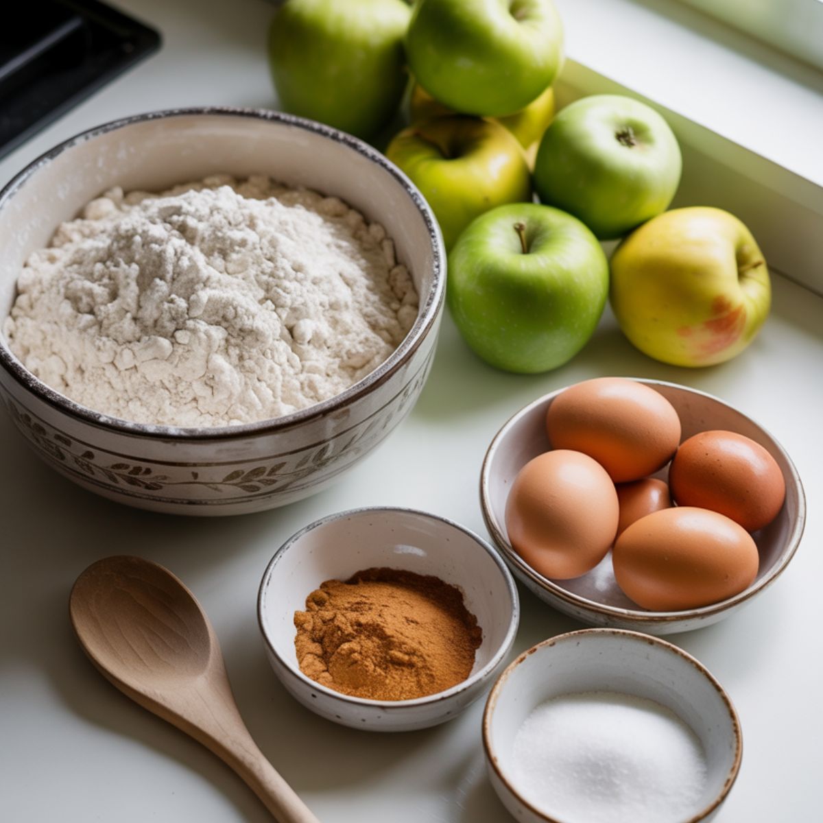  Ingredients for homemade apple fritter bites laid out on a kitchen counter