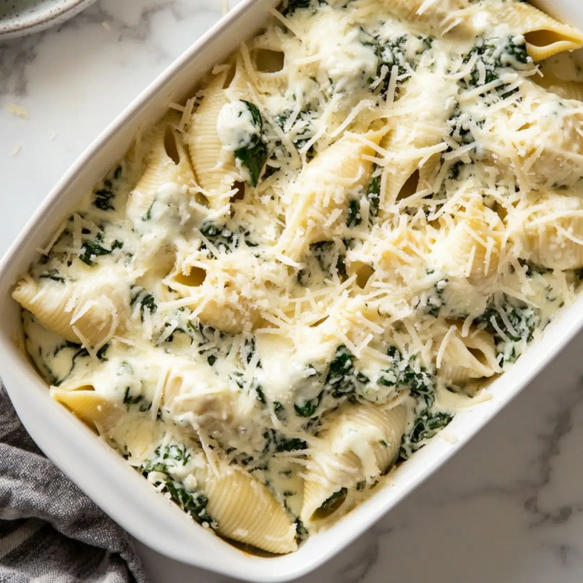 Unbaked spinach and ricotta stuffed shells with Alfredo being assembled.