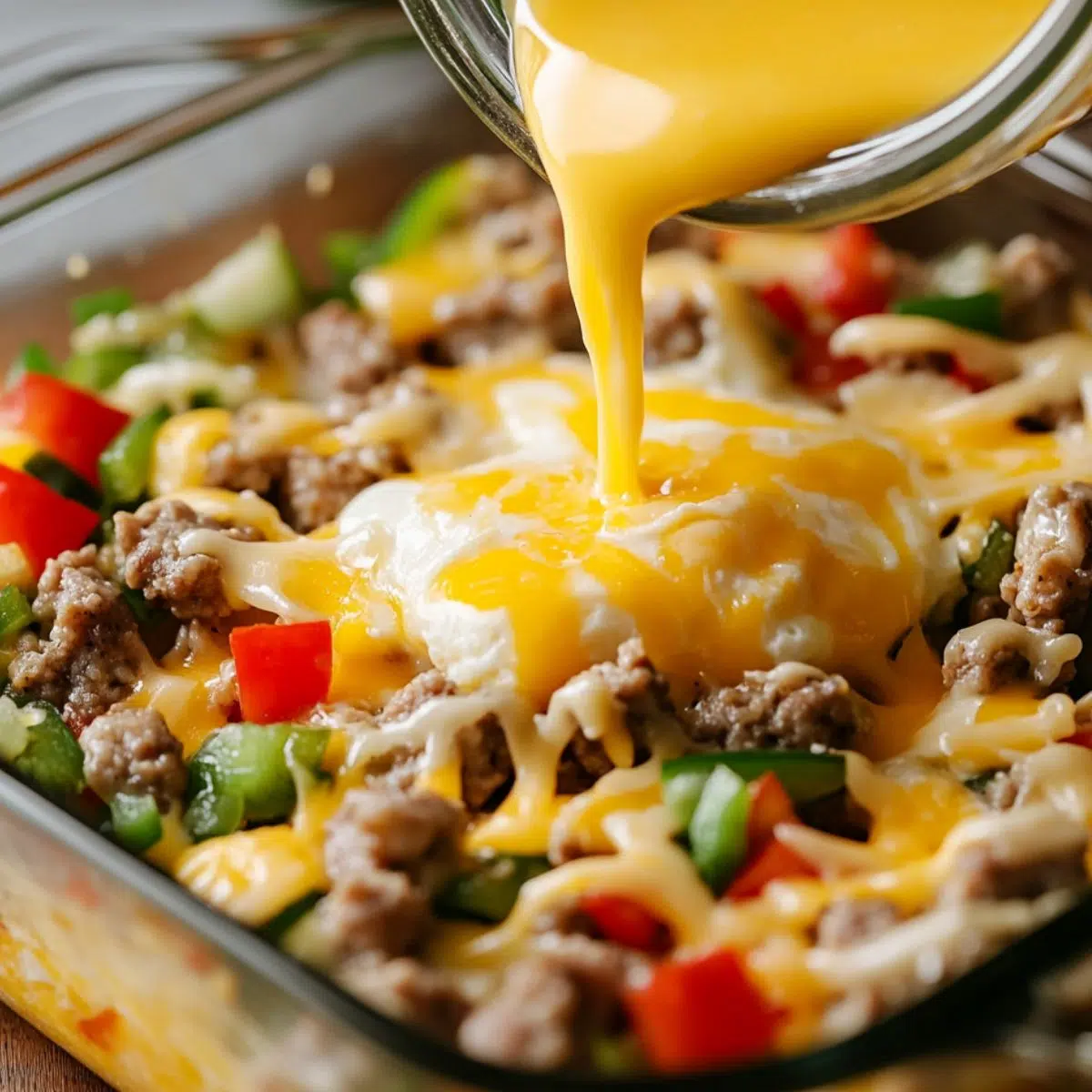 Assembling gluten free egg and sausage casserole in a baking dish