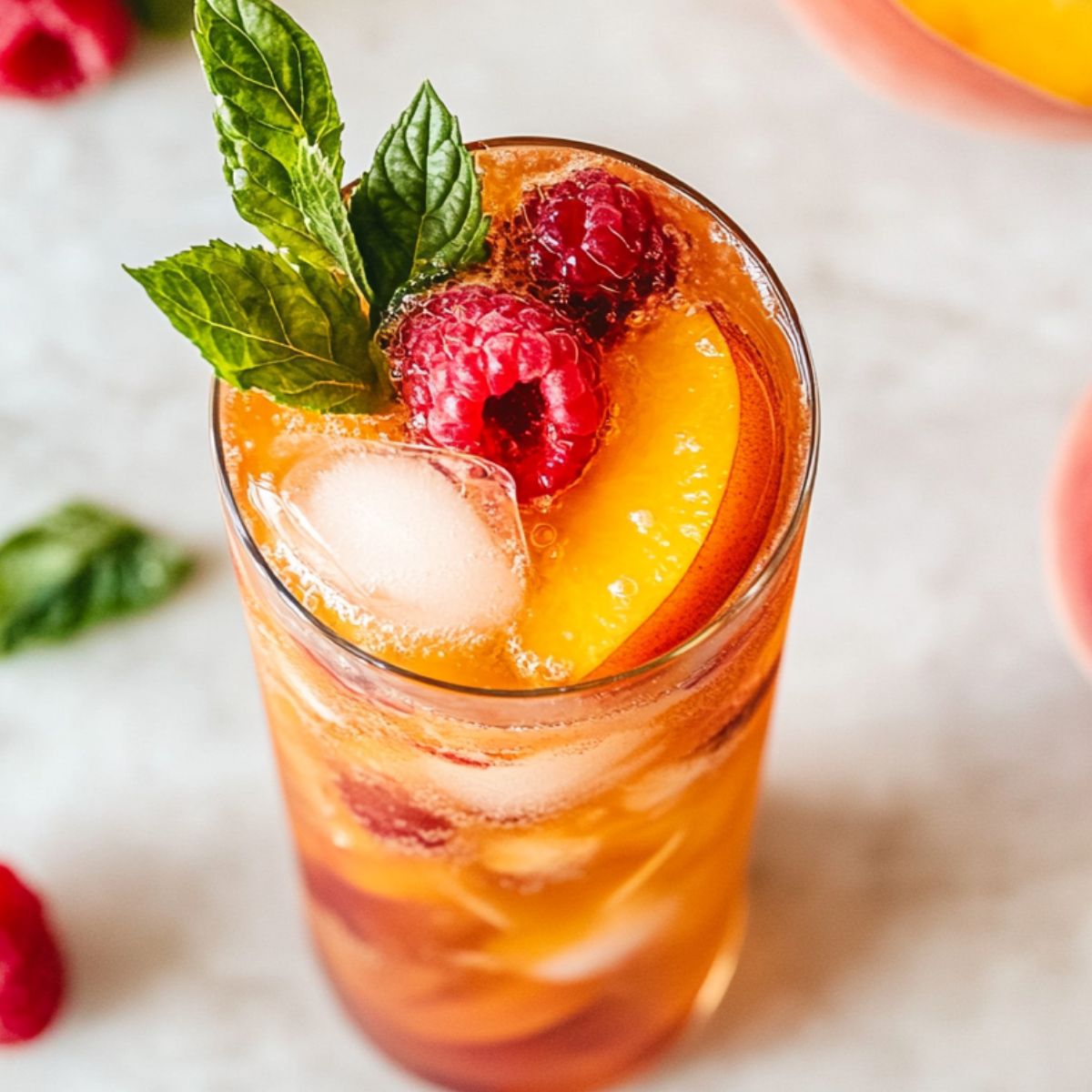 Final assembly of Bellini Peach Raspberry Iced Tea with visible color layers and fizz.