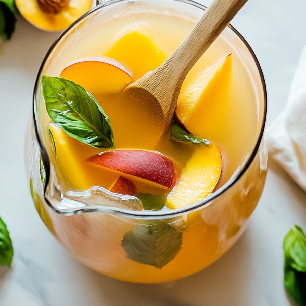  A large pitcher of peach green tea lemonade being stirred, filled with peach slices and lemon wedges.